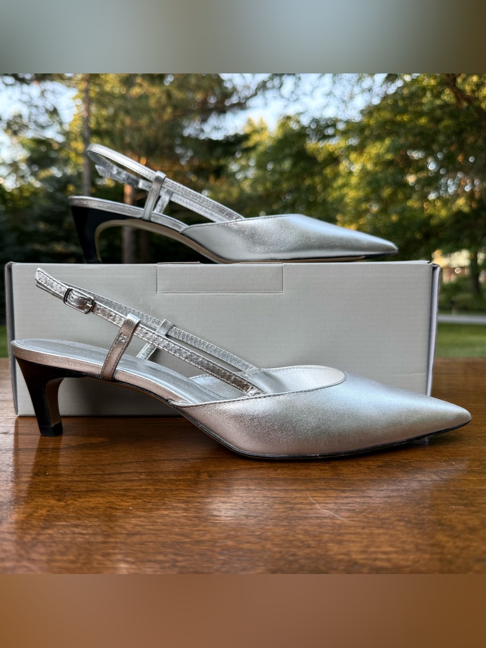 Everlane Studio Slingback Heel Silver Leather Kitten Heel 9.5